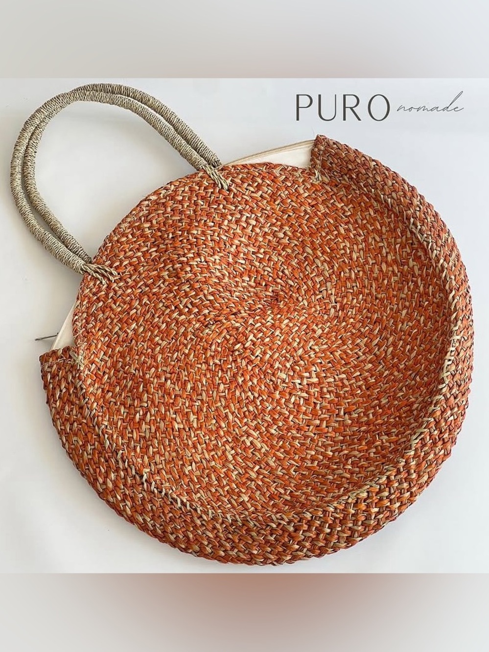 Puro Nomade Round Beach Bag Terracotta Orange 100% Natural Fiber Woven Tote